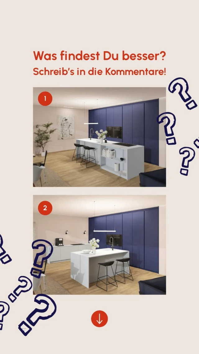 Variante 1 oder 2? 🤔
Beide Varianten funktionieren – aber auf ganz unterschiedliche Weise 👍
Bei einer Küchenplanung geht es nicht nur um Geschmack, sondern um Laufwege, Proportionen, Licht und das Zusammenspiel im Raum.
Wir überlegen bei jeder Planung:
Wie funktioniert die Küche im Alltag für die Kunden? ⚙️
Wie fügt sie sich ins Gesamtkonzept der Wohnung ein – funktional und gestalterisch?
Welche Küchenaufteilung gefällt Dir besser?
Wir sind gespannt auf Deine Meinung. 👇
Farbfröhliche Grüße
Merle & Kai 🧡💙
