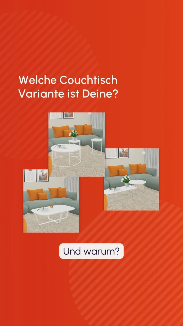 Welche Variante bevorzugst Du warum? 🧐
Bei Couchtischen gibt es viele verschiedene Möglichkeiten. In diesem Beitrag zeigen wir euch drei verschiedene Varianten. 🛋
A. Ein großer Tisch: 
Dieser bietet am meisten Platz und ist eine gute Wahl, wenn ihr häufig auf dem Sofa esst und mehrere Teller abstellen wollt. Aber auch wenn ihr häufig Gesellschaftsspiele spielt, die etwas mehr Platz benötigen, dafür aber nicht immer am Esstisch sitzen wollt. 🧩
B. Die Form-Gruppe:
Drei kleinere Tische im gleichen Format aber in unterschiedlichen Höhen und Durchmessern.
Diese lockere Anordnung bietet viel Flexibilität. Die kleinsten Tische können gut als "Springer" genutzt werden und spontan auch direkt am Sofa, Sessel oder sogar auf dem Balkon genutzt werden. Dabei können auch Tische mit Griff sinnvoll sein. 🪴
C. Das Doppelpack:
Zwei Tische in unterschiedlichen Formaten und Größen. Diese Variante ist einfach optisch lockerer als ein großer Tisch, bietet aber ähnlich viel Platz (dafür aber nicht zusammenhängend).
Hierbei kann man auch gut mit verschiedenen Materialien spielen und z.B. einen eckigen Marmortisch mit einem runden Holztisch kombinieren. 😎
Welche Variante hast Du bei Dir zu Hause? Und warum hast Du Dich dafür entschieden? 
Lass es uns in den Kommentaren wissen. 👇👇👇
Farbfröhliche Grüße
Merle und Kai 🧡💙
#couchtisch #wohnzimmergestaltung #einrichtungsideen