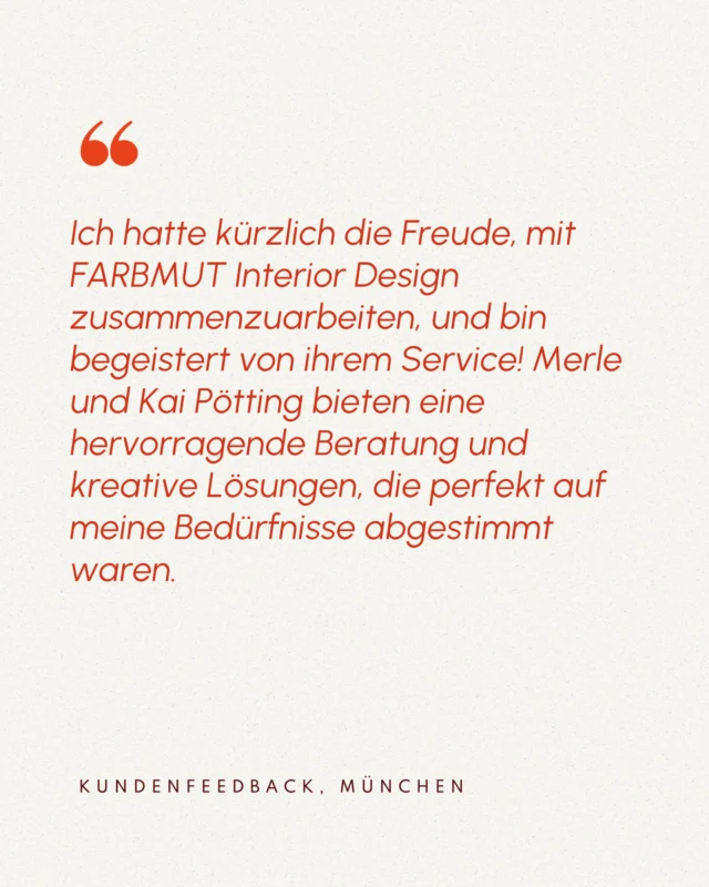 Solches Feedback macht uns einfach glücklich 😍
Wir möchten nicht nur Räume planen, sondern Menschen wirklich weiterhelfen und entlasten. Besonders schön ist es, wenn unsere Gespräche neue Ideen freisetzen und die Skizzen und Visualisierungen Klarheit für die nächsten Schritte geben 🏠
Genau so stellen wir uns eine Zusammenarbeit vor: unkompliziert, inspirierend und mit echtem Mehrwert 👍
Ein großes Dankeschön für das Vertrauen und diese schöne Rückmeldung 🤝
Hast Du auch Lust auf neue Impulse für Dein Zuhause? 
Dann melde Dich gerne bei uns 🙂
#farbmut #innenarchitektur #farbkonzept #einrichtungsideen #Interiordesign #ideen #mehrwert #offen #feedback #impulsgespräch