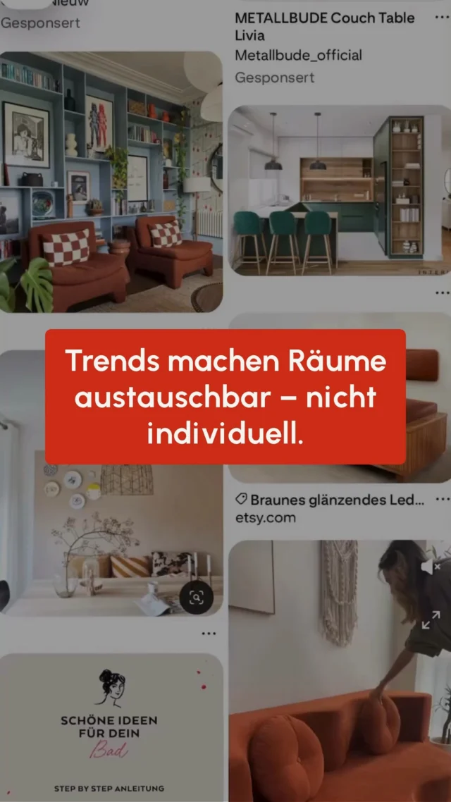 Trends wirken im ersten Moment spannend, verlieren aber schnell an Reiz 🤨
Wenn ein Raum nur nach dem aktuellen Trend gestaltet ist, sieht er oft so aus wie viele andere und hat wenig mit den Menschen zu tun, die darin leben. 
Wirklich individuell wird ein Zuhause erst dann, wenn Farben, Materialien und Möbel bewusst aufeinander abgestimmt sind und die eigene Persönlichkeit widerspiegeln 🏠
Unser Ziel ist es, Räume zu schaffen, die nicht morgen schon veraltet wirken, sondern langfristig stimmig bleiben 🥰
Welche Rolle spielen Trends bei Dir zu Hause? 
Wenn Du Lust hast, Dein Zuhause persönlicher zu gestalten, melde Dich gerne bei uns 😊
#Interiordesign #farbkonzept #innenarchitektur #farbmut #einrichtungsideen #trends #beige #austauschbar